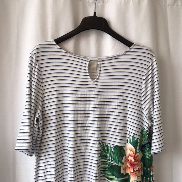 Chico’s Keyhole Striped Paradise Palm Dress Sz L Short Sleeves Stretch Tropical - Picture 2 of 15